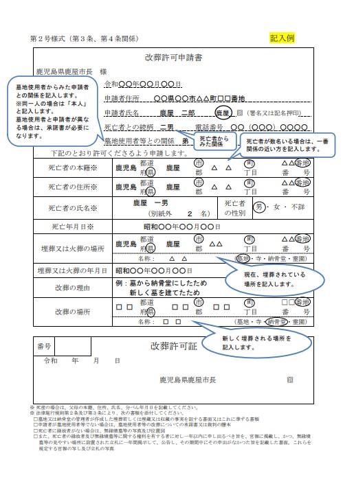 鹿児島県鹿屋市 改葬許可申請書 書き方